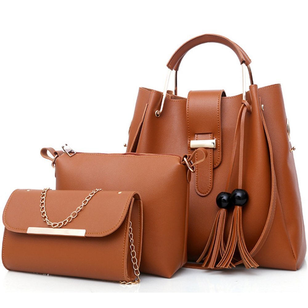 1280 Purse and Handbags 3 Pcs Bag Set PU Leather Tassel Totes Clutch